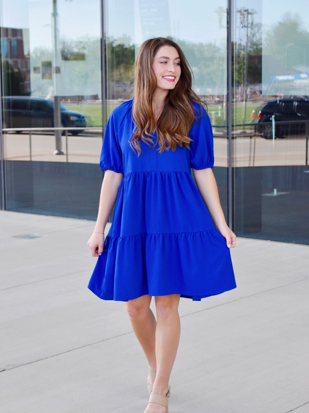 New Women's Jodifl Royal Blue Puff Sleeve Tiered Dress Size Large - Picture 4 of 7